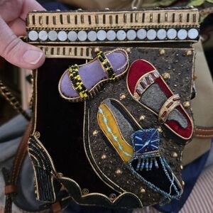 Mary Frances Brown and Gold Embellished Label Shoe Handbag